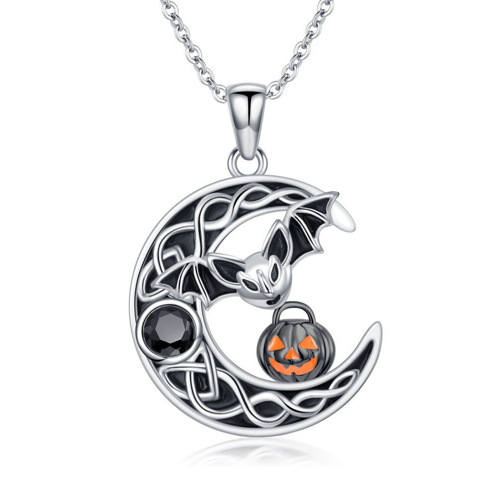 Sterling Silver Two-tone Cubic Zirconia Bat & Pumpkin & Moon Pendant Necklace-1
