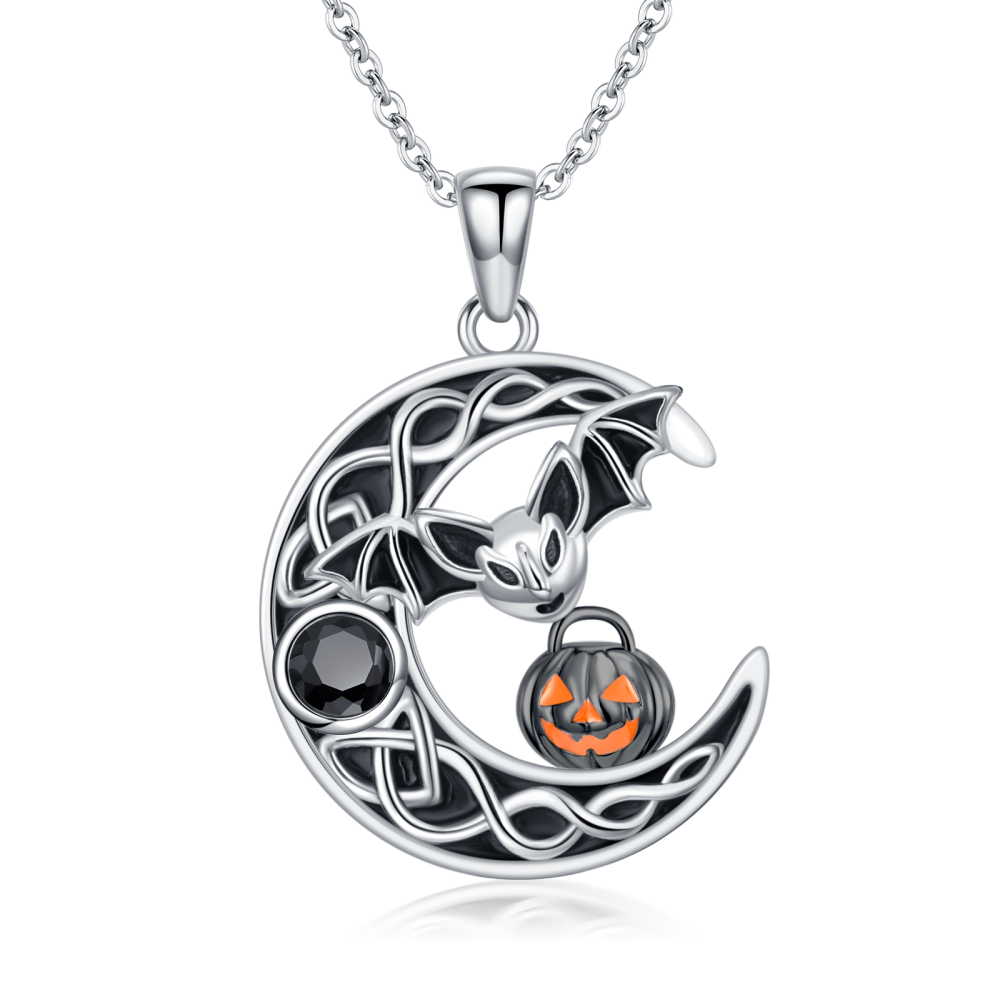 Sterling Silver Two-tone Cubic Zirconia Bat & Pumpkin & Moon Pendant Necklace-2