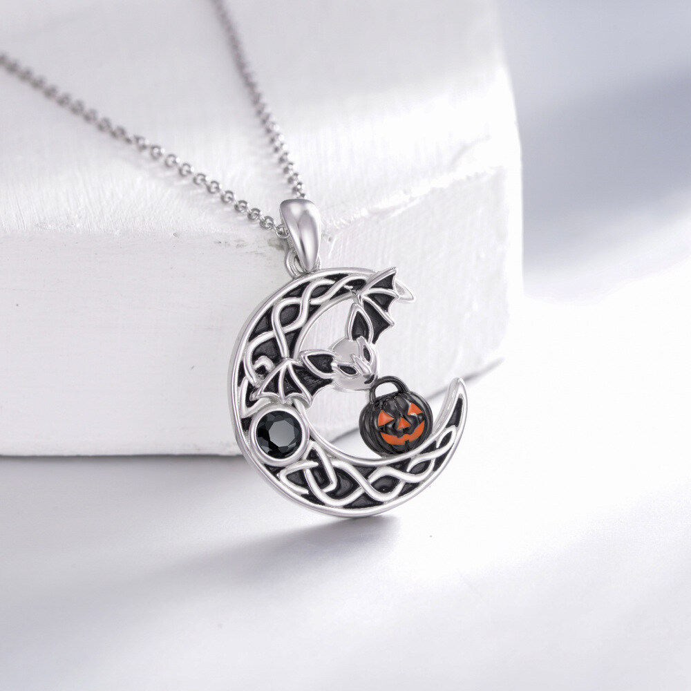 Sterling Silver Two-tone Cubic Zirconia Bat & Pumpkin & Moon Pendant Necklace-3
