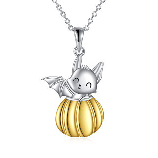 Sterling Silver Two-tone Bat & Pumpkin Pendant Necklace-12
