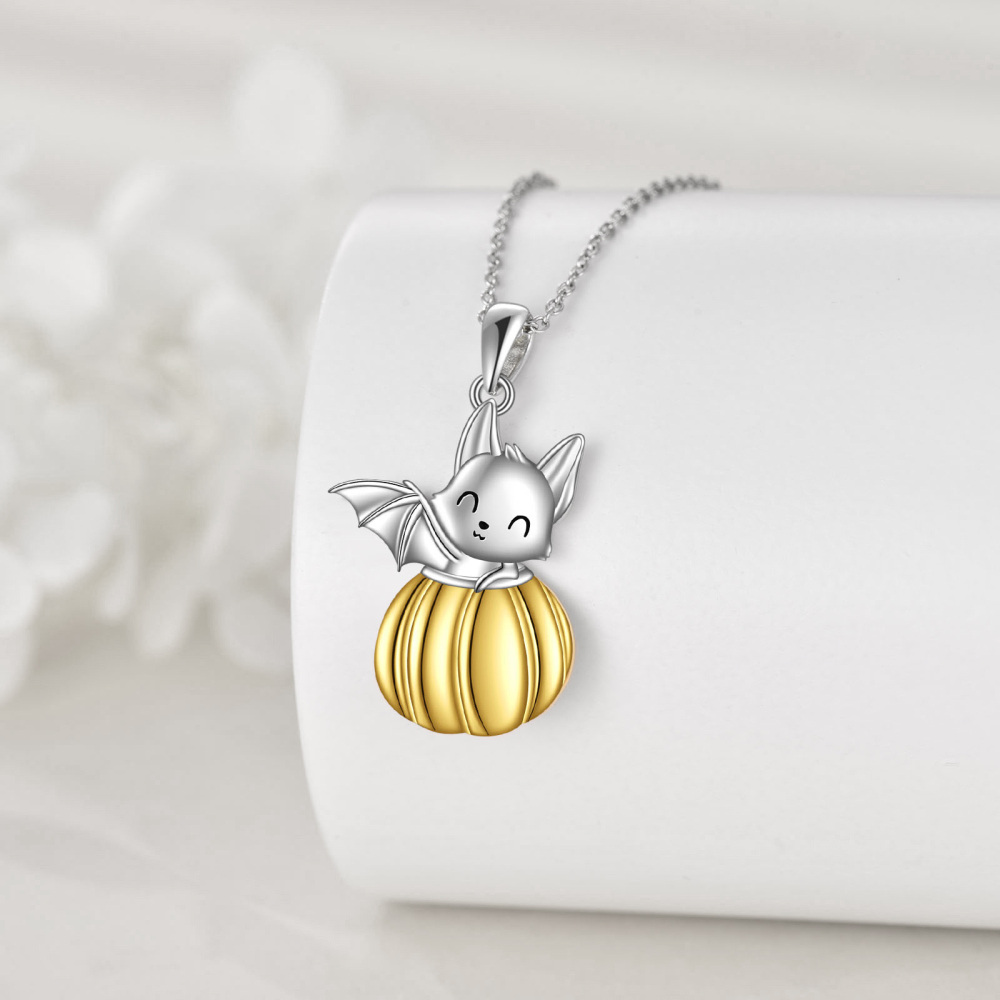 Sterling Silver Two-tone Bat & Pumpkin Pendant Necklace-3