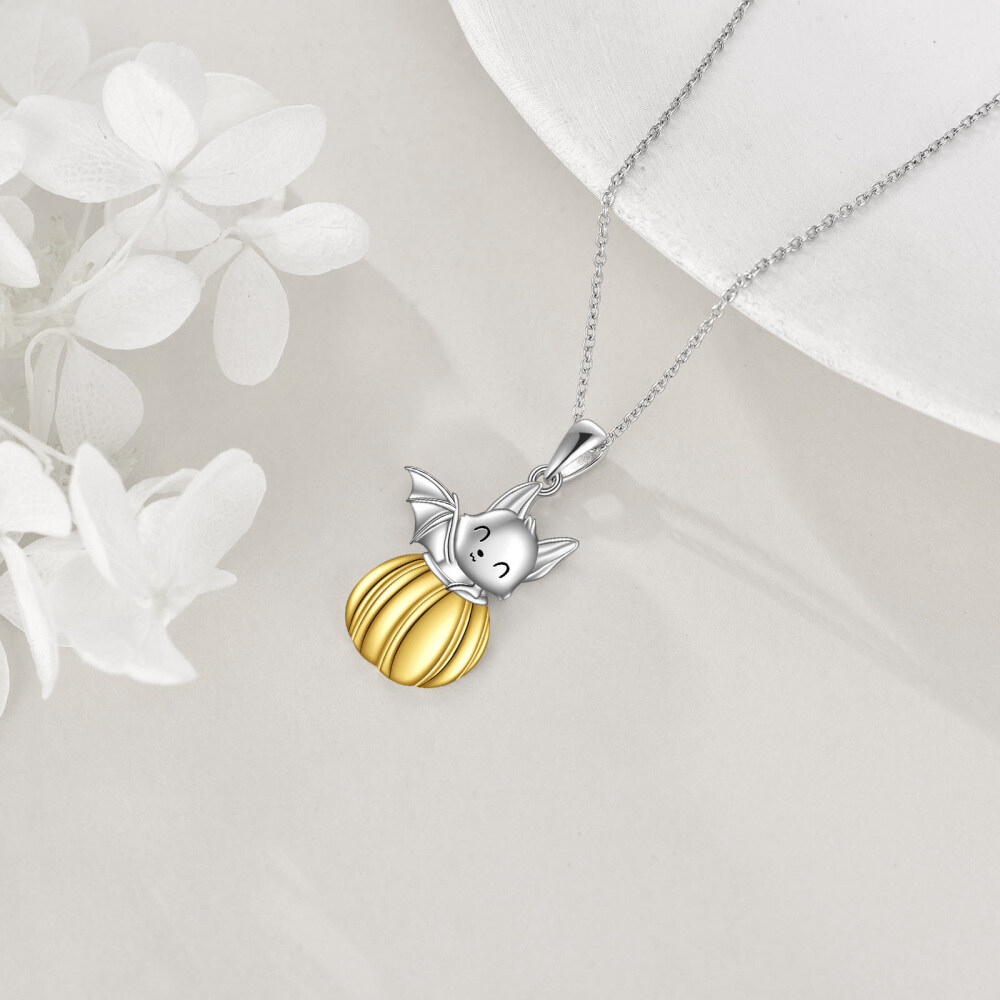 Sterling Silver Two-tone Bat & Pumpkin Pendant Necklace-4