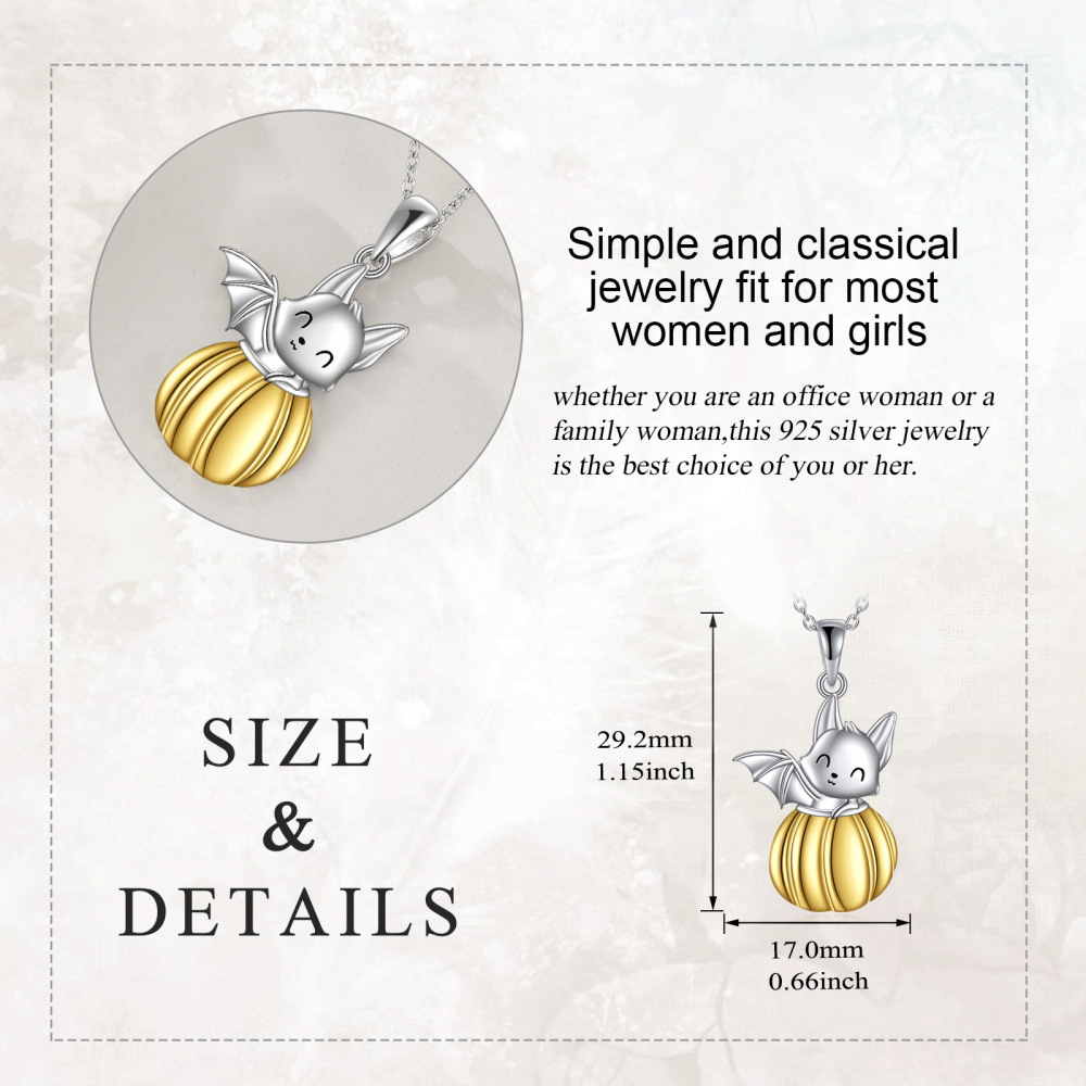 Sterling Silver Two-tone Bat & Pumpkin Pendant Necklace-6