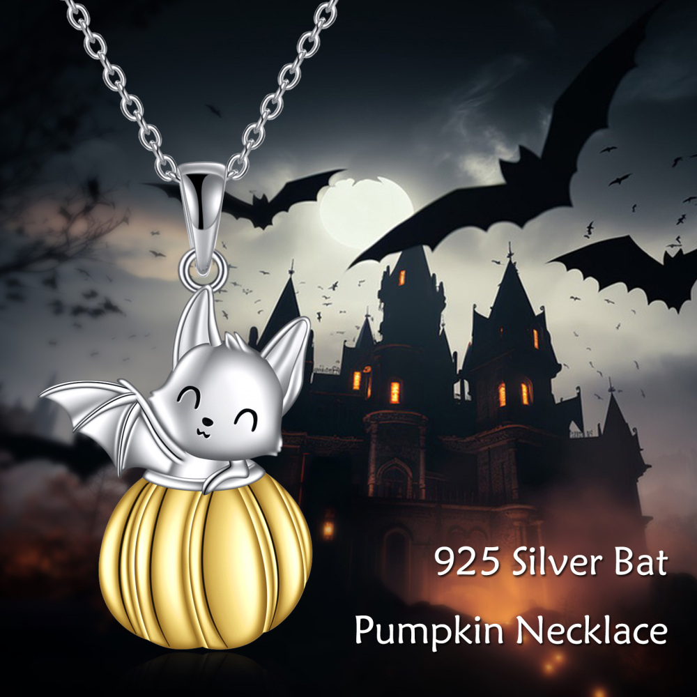 Sterling Silver Two-tone Bat & Pumpkin Pendant Necklace-5