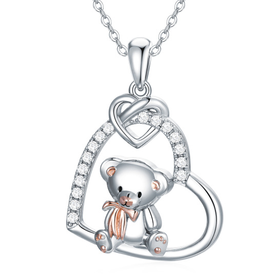 Sterling Silver Two-tone Cubic Zirconia Bear & Heart Pendant Necklace