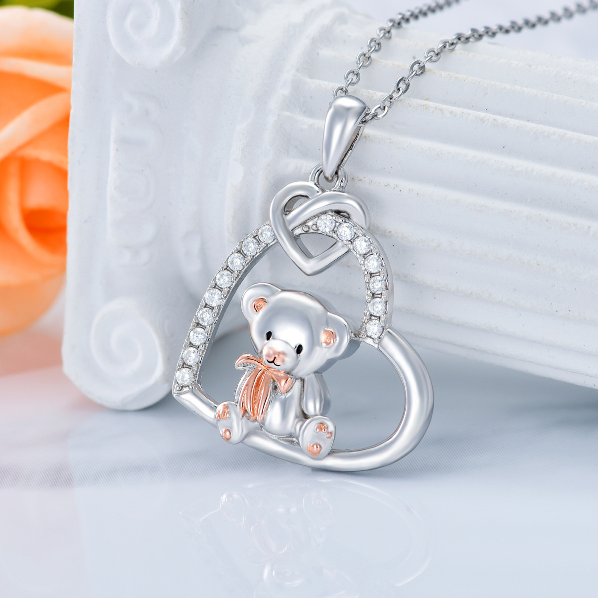 Collar Colgante Oso y Corazón de Plata de Ley Bicolor con Circonitas Cúbicas-4