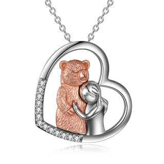 Sterling Silver Two-tone Cubic Zirconia Bear & Heart Pendant Necklace-5