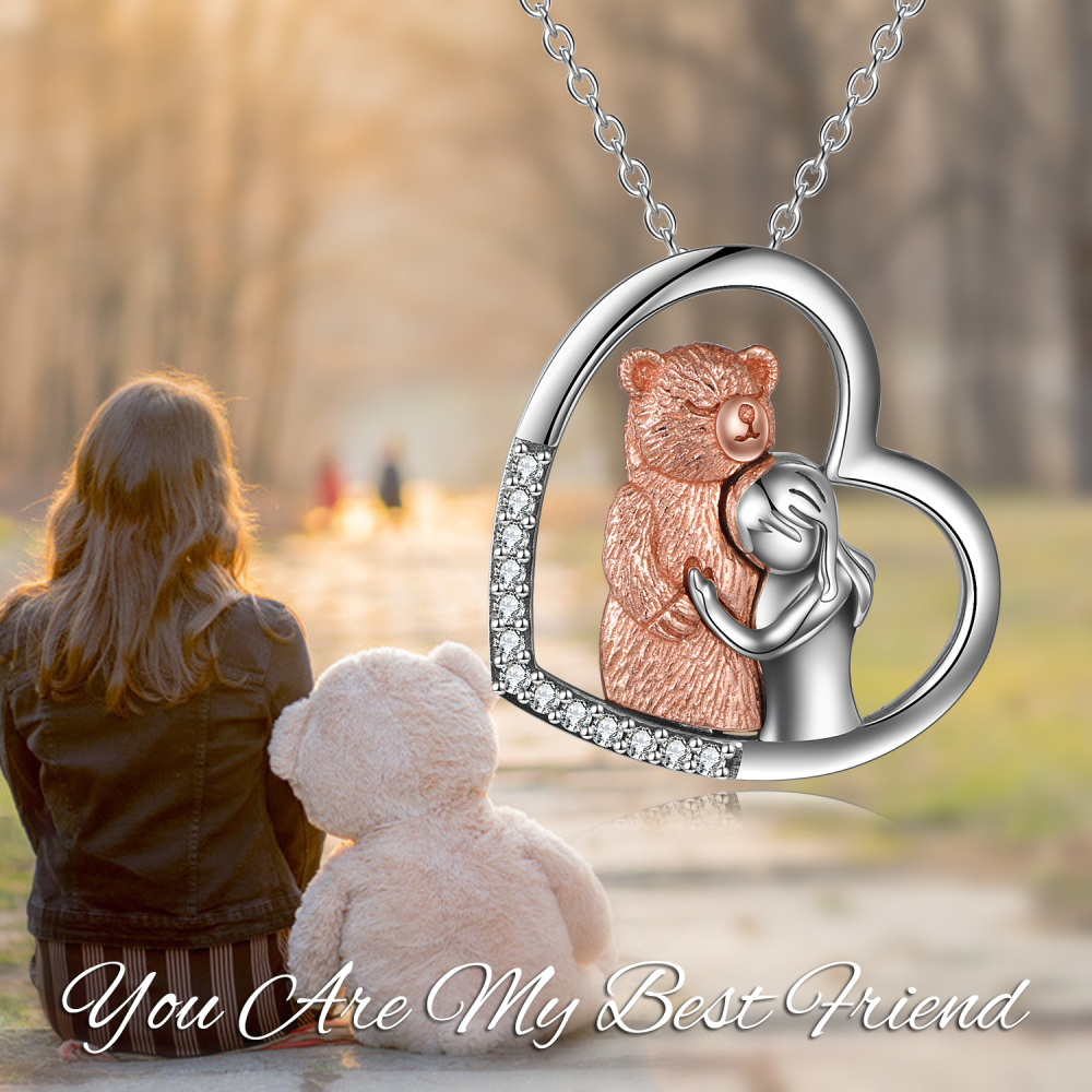 Sterling Silver Two-tone Cubic Zirconia Bear & Heart Pendant Necklace-3