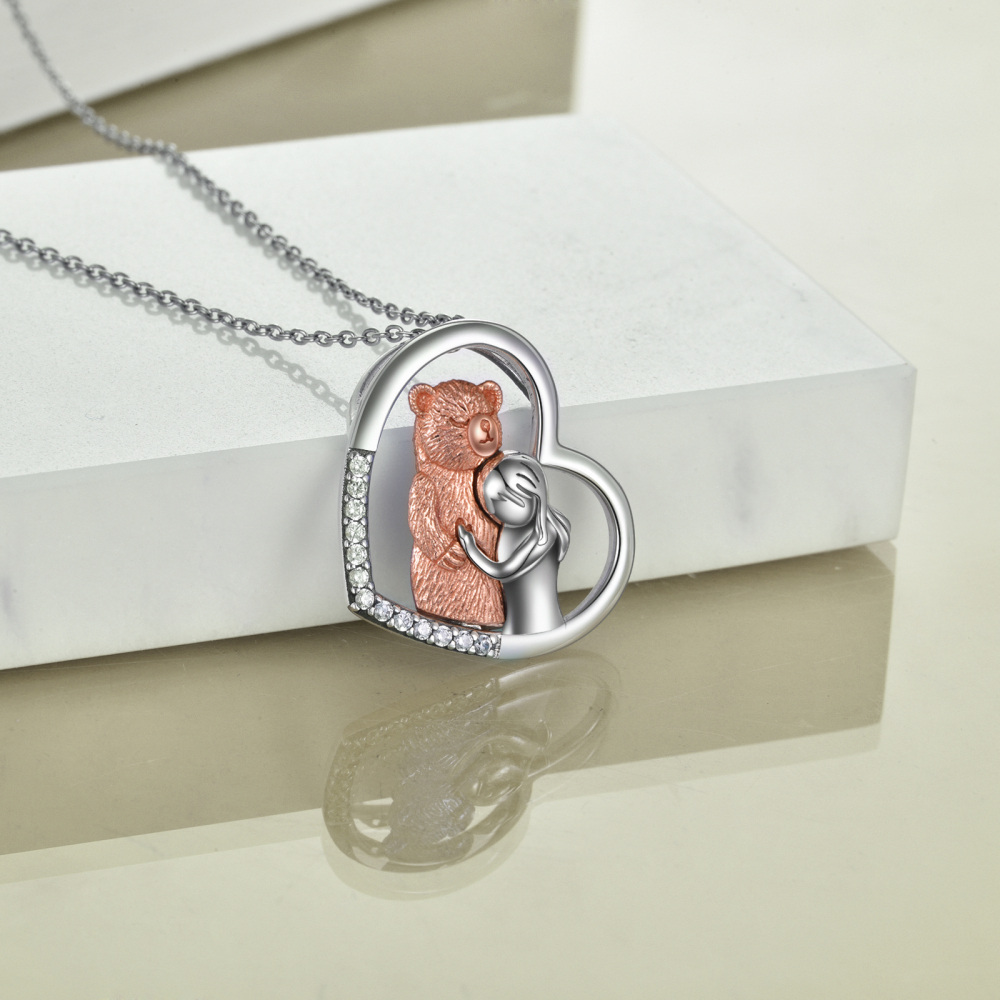 Sterling Silver Two-tone Cubic Zirconia Bear & Heart Pendant Necklace-5