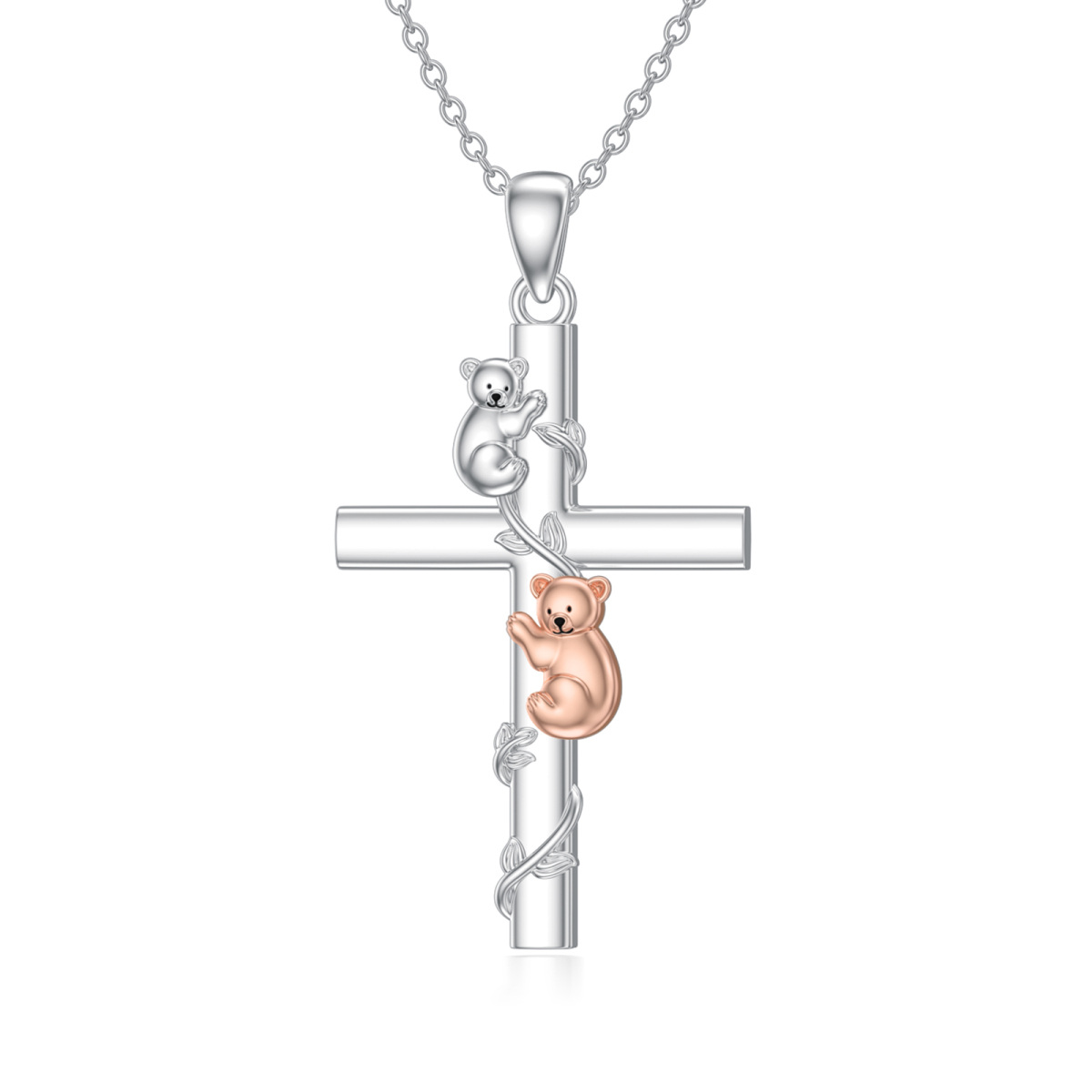 Collier avec pendentif croix ours et feuilles en argent sterling bicolore pour femme-1