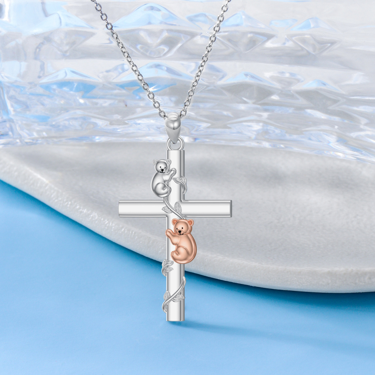 Collier avec pendentif croix ours et feuilles en argent sterling bicolore pour femme-3