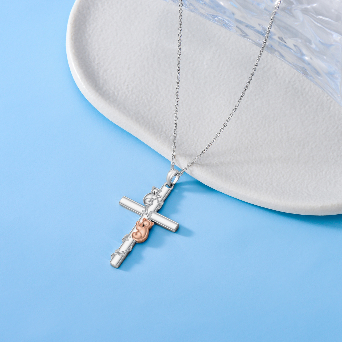 Collier avec pendentif croix ours et feuilles en argent sterling bicolore pour femme-4