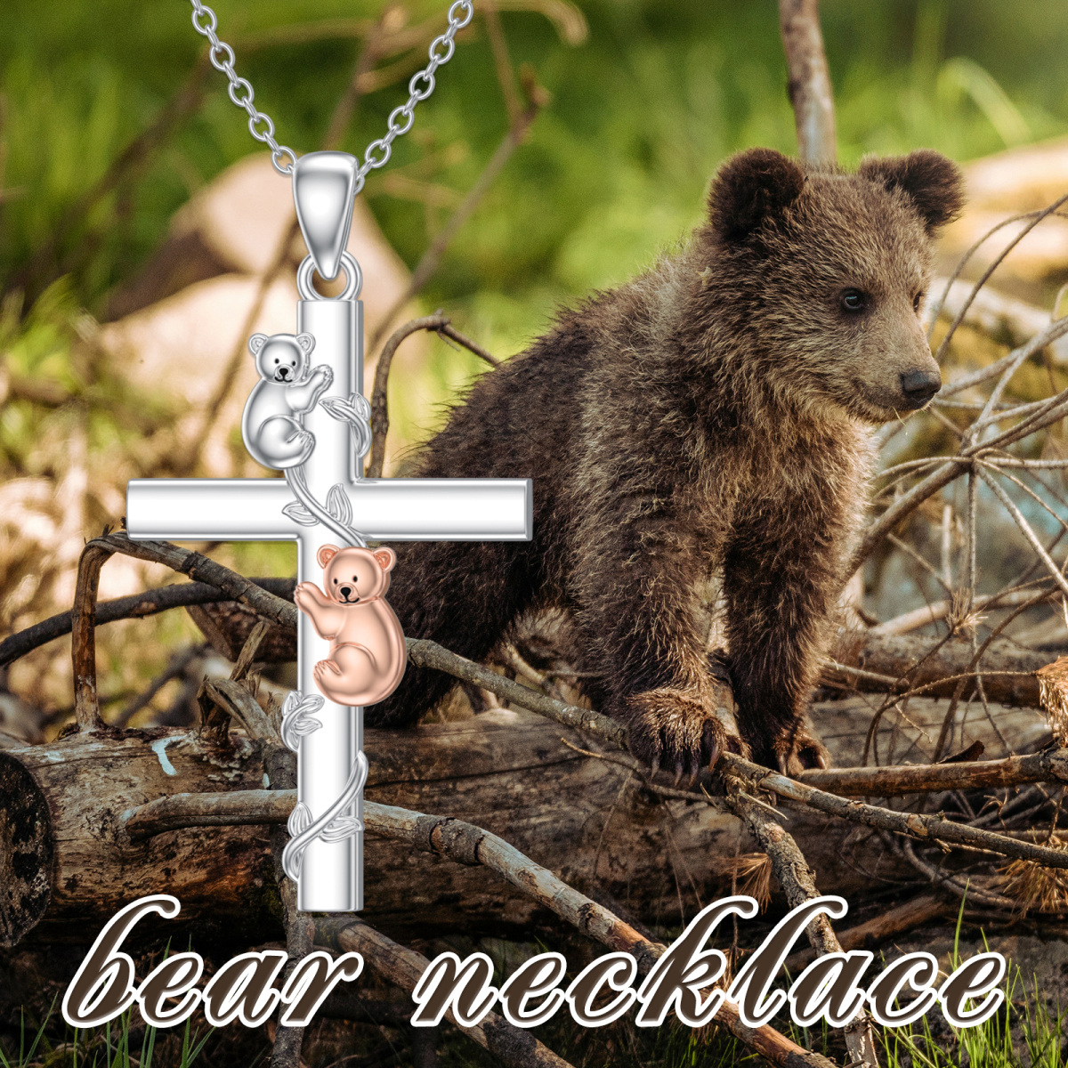 Collier avec pendentif croix ours et feuilles en argent sterling bicolore pour femme-6