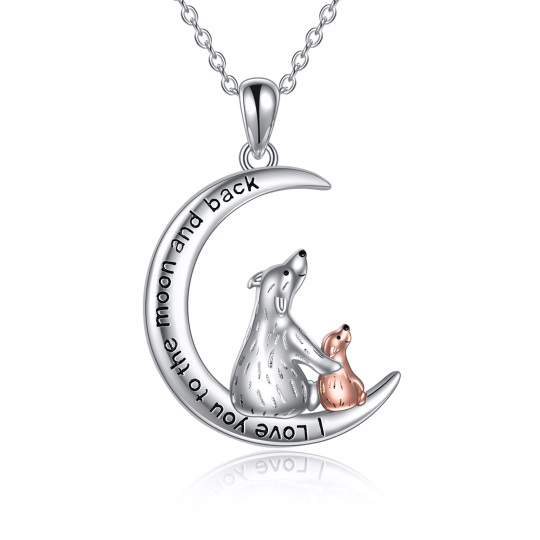 Sterling Silver Two-tone Bear & Moon Pendant Necklace with Engraved Word