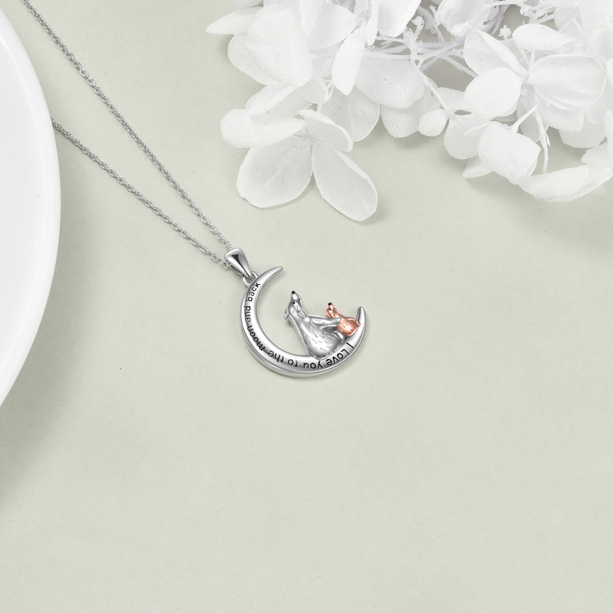 Collier en argent sterling à pendentif ours et lune bicolore avec mot gravé-4