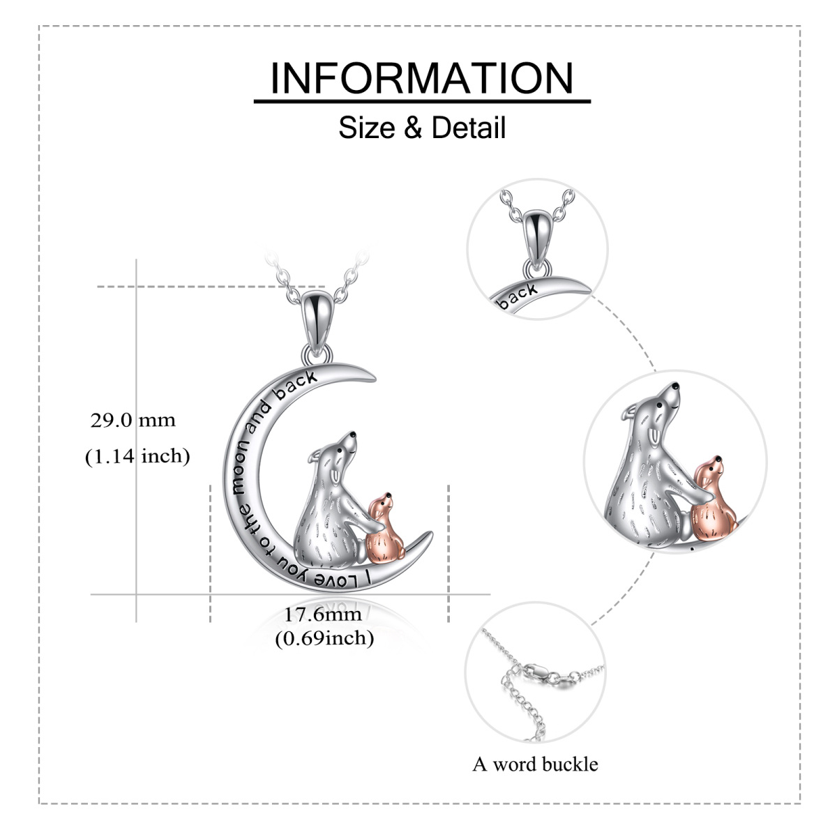 Sterling zilveren tweekleurige beer & maan hanger ketting met gegraveerd woord-5