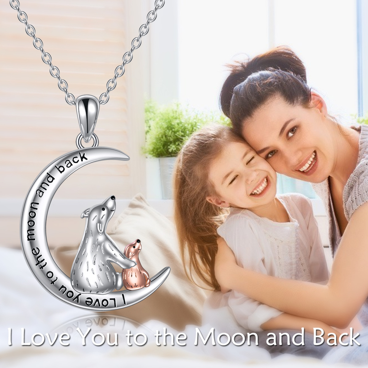 Collier en argent sterling à pendentif ours et lune bicolore avec mot gravé-6