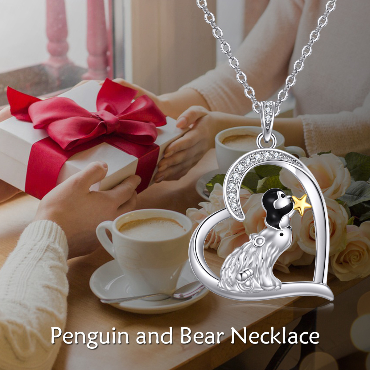 Collana in argento sterling con ciondolo a forma di orso e pinguino con zirconia cubica bi-3