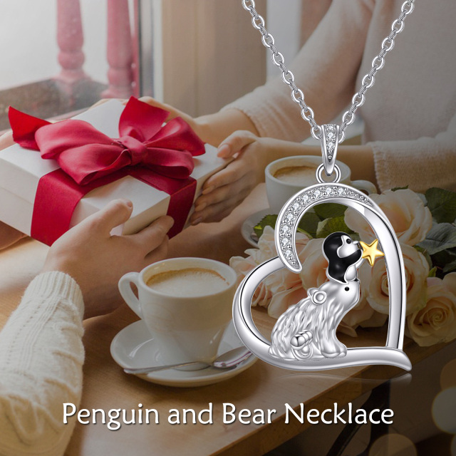 Sterling Silver Two-tone Cubic Zirconia Bear & Penguin Pendant Necklace-3