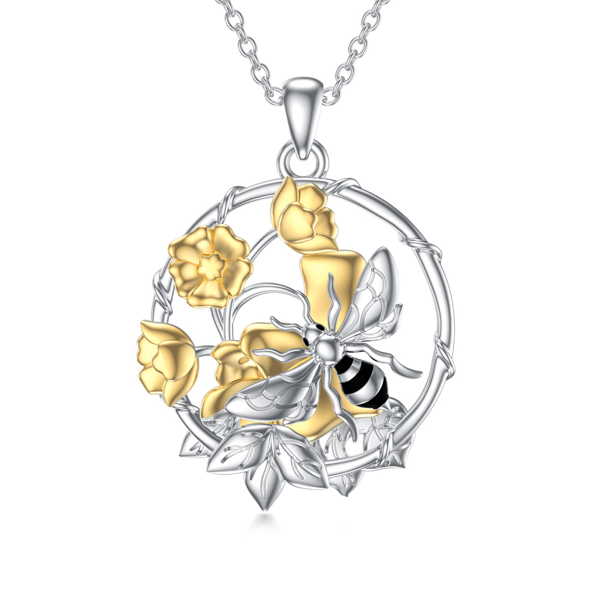 Sterling Silver Two-tone Bee & Daffodil Pendant Necklace-1