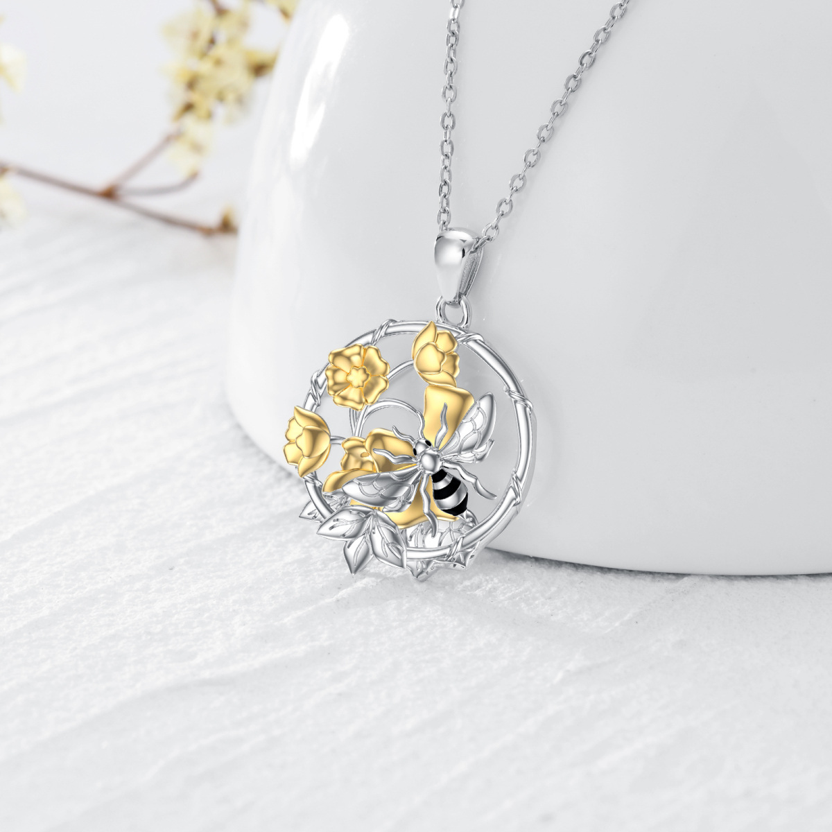 Sterling Silver Two-tone Bee & Daffodil Pendant Necklace-4