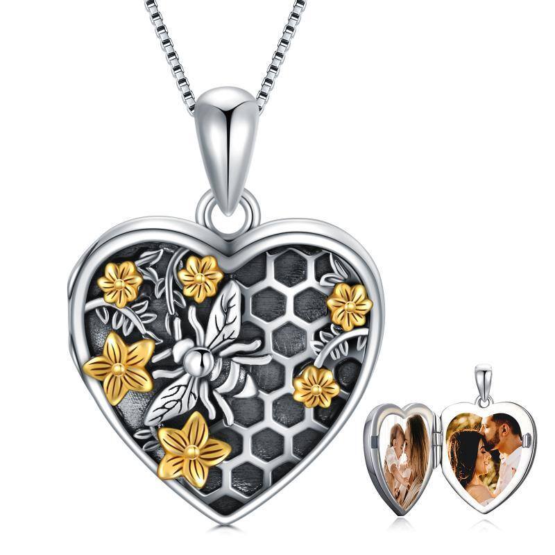 Plata de ley de dos tonos Abeja y Daffoil Corazón personalizado collar de fotos-1