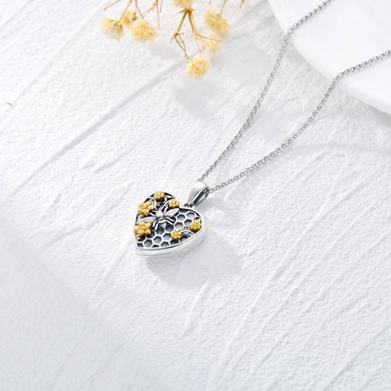 Sterling Silver Two-tone Bee & Daffoil Heart Personalized Photo Necklace-3