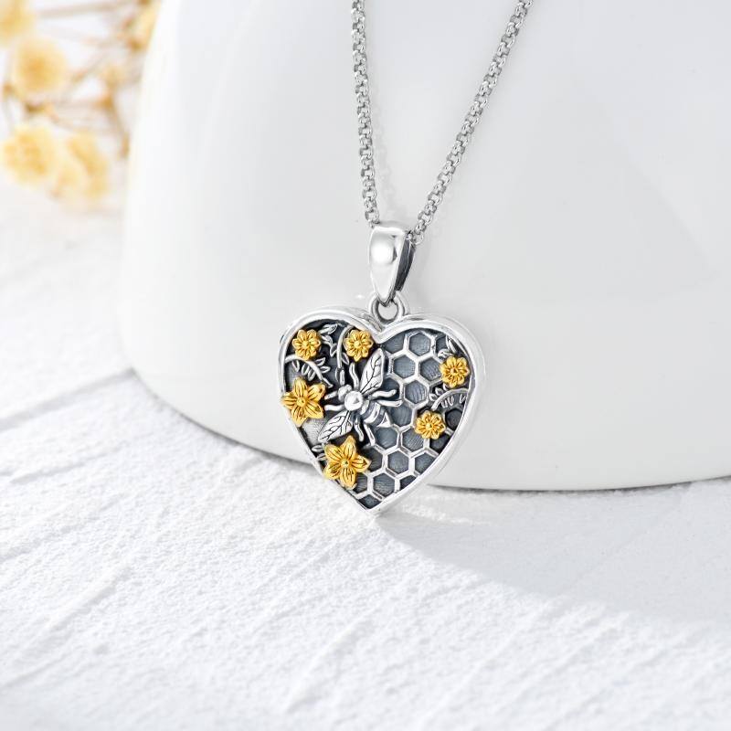 Plata de ley de dos tonos Abeja y Daffoil Corazón personalizado collar de fotos-4