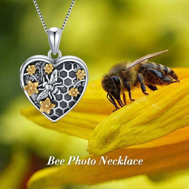 Plata de ley de dos tonos Abeja y Daffoil Corazón personalizado collar de fotos-6