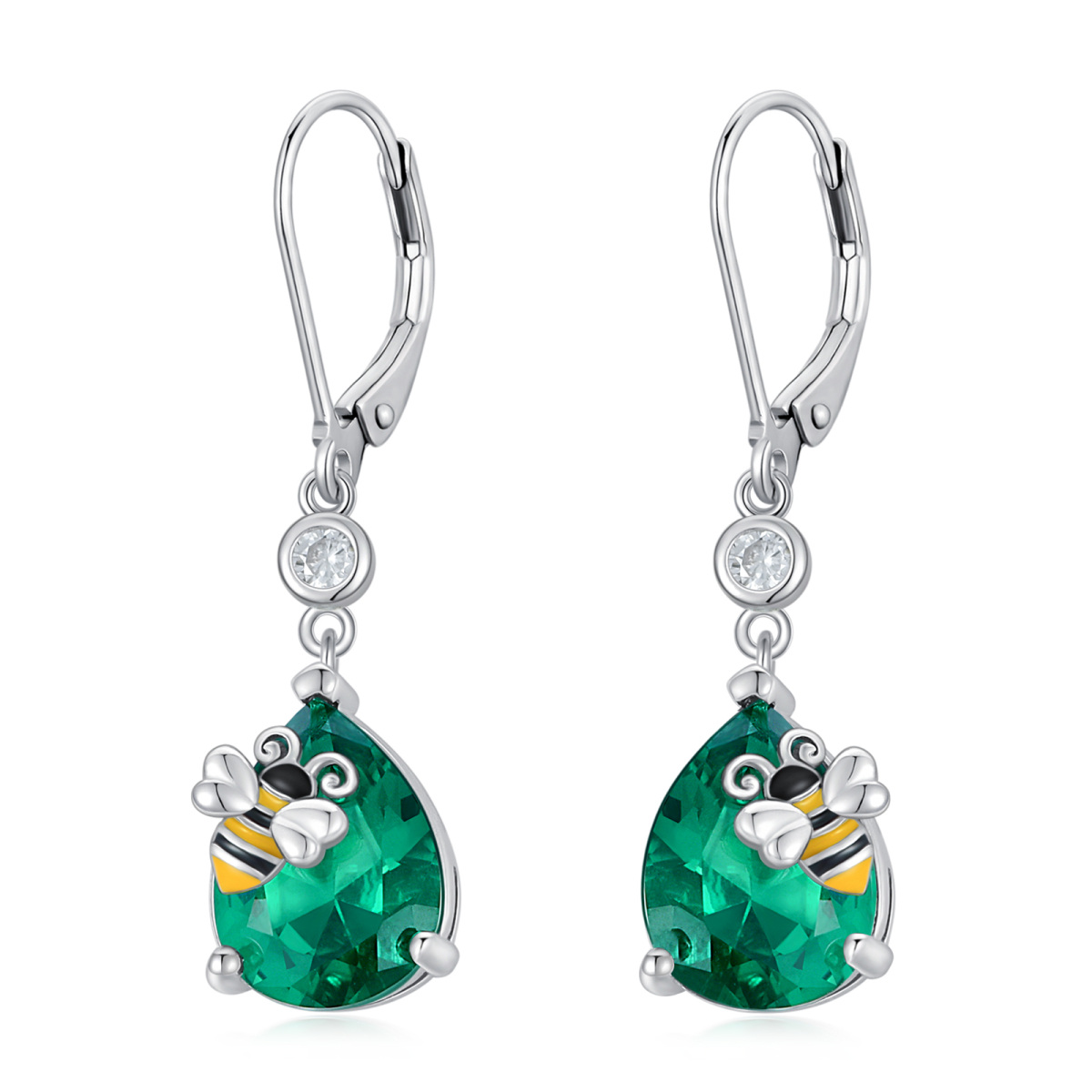 Sterling Silver Two-tone Cubic Zirconia Bee & Drop Shape Lever-back Earrings