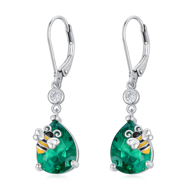 Sterling Silver Two-tone Cubic Zirconia Bee & Drop Shape Lever-back Earrings-1