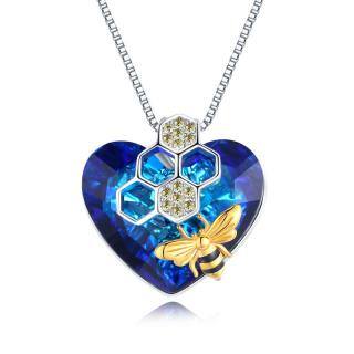 Sterling Silver Two-tone Bee & Heart Crystal Pendant Necklace-49