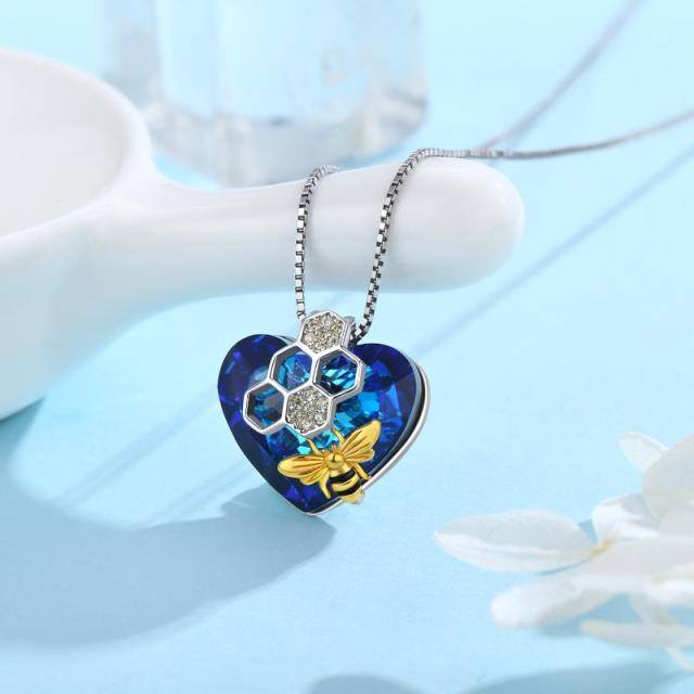 Sterling Silver Two-tone Bee & Heart Crystal Pendant Necklace-3