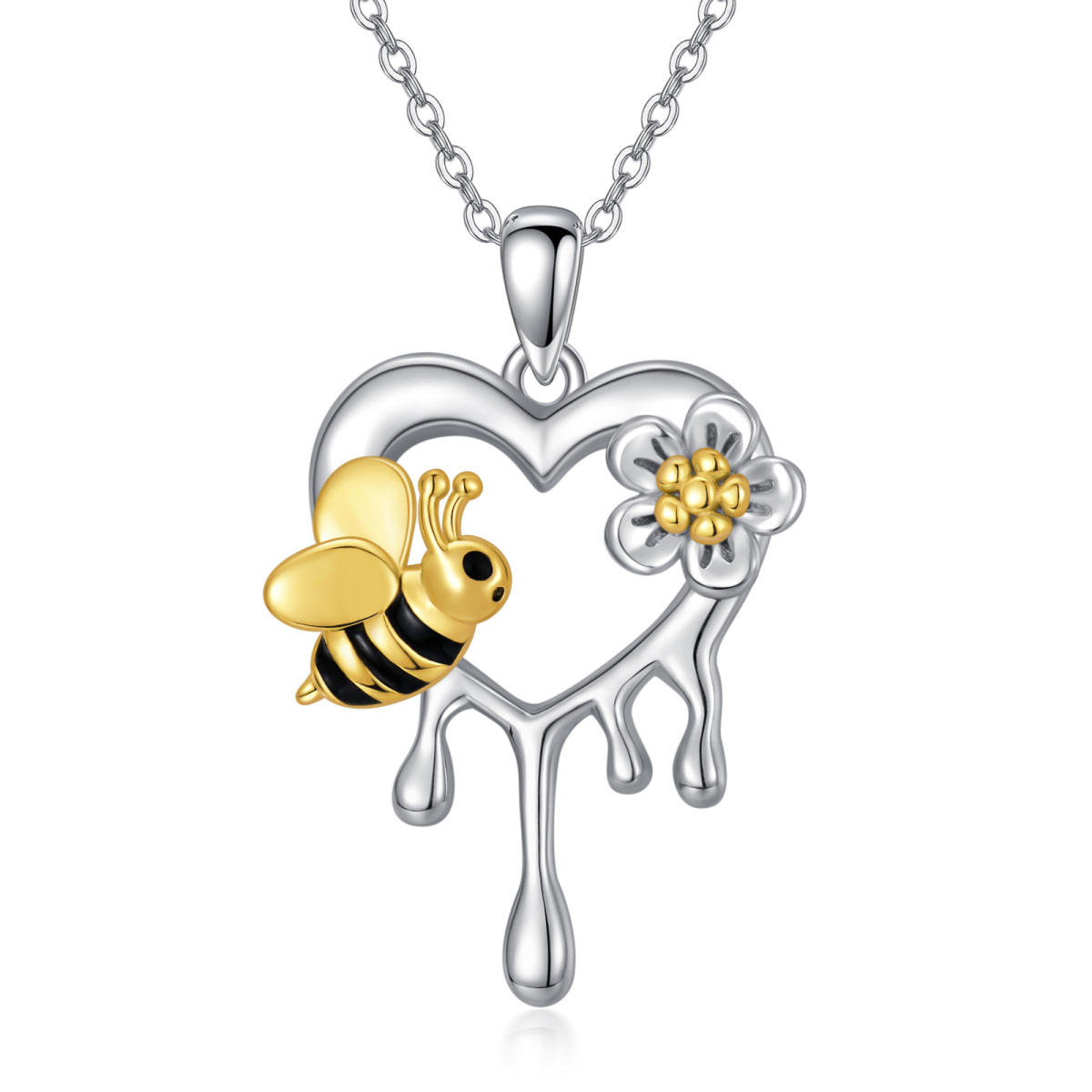 Collier en argent sterling avec pendentif abeille et cœur bicolore-1