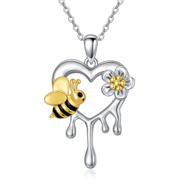 Sterling Silver Two-tone Bee & Heart Pendant Necklace-2