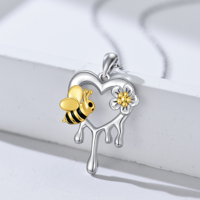 Sterling Silver Two-tone Bee & Heart Pendant Necklace-2