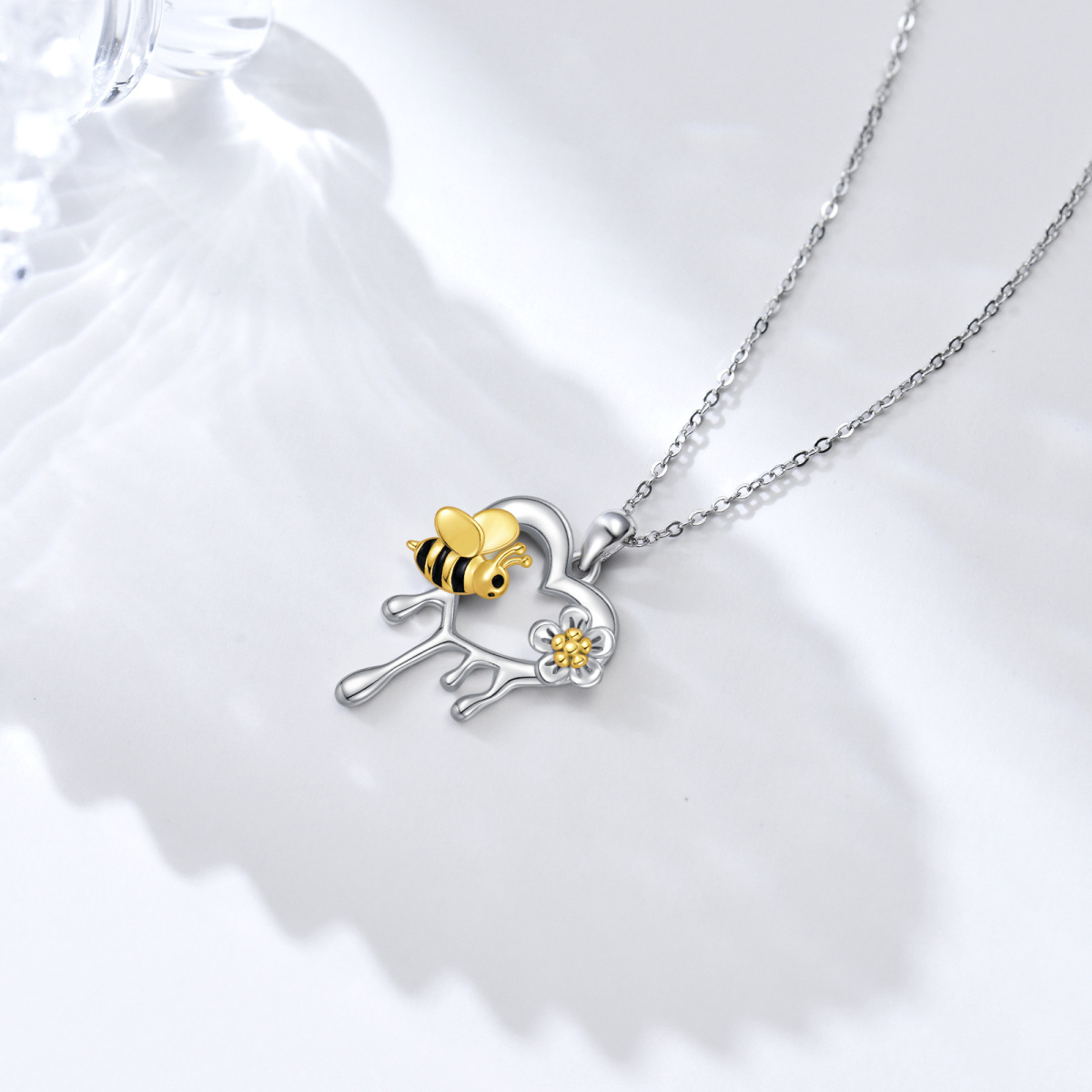 Sterling Silver Two-tone Bee & Heart Pendant Necklace-3