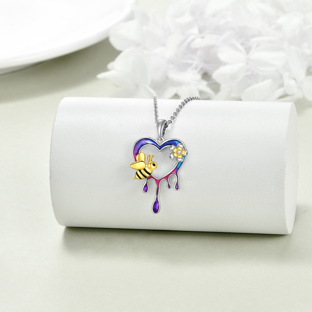 Sterling Silver Two-tone Bee & Heart Pendant Necklace-3