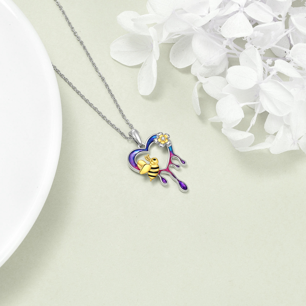 Sterling Silver Two-tone Bee & Heart Pendant Necklace-4