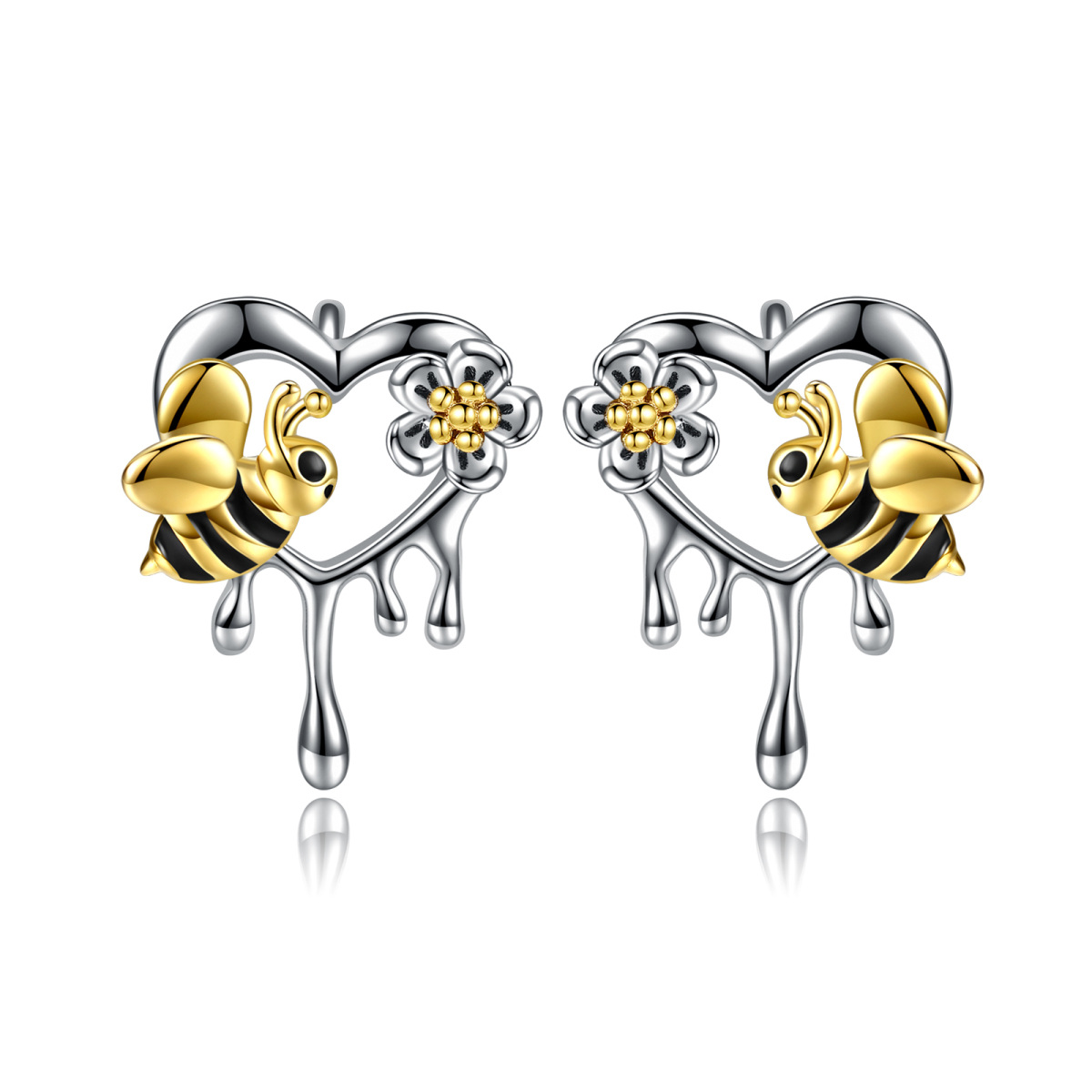 Sterling Silver Two-tone Bee & Heart Stud Earrings-1