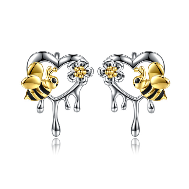 Sterling Silver Two-tone Bee & Heart Stud Earrings-2