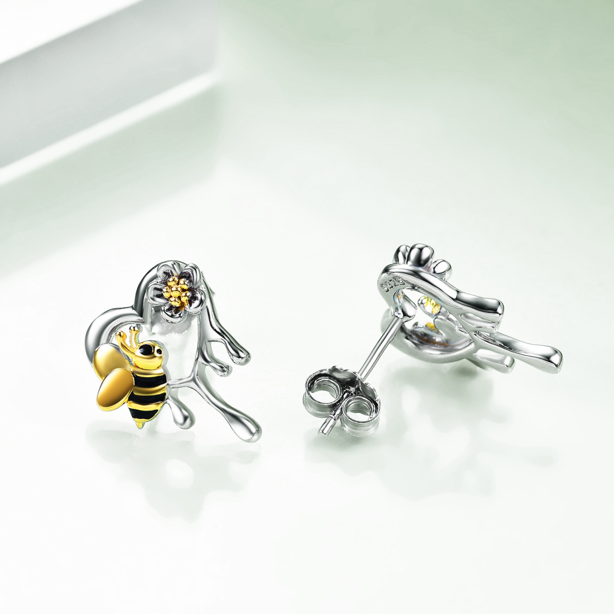 Boucles d'oreilles bicolores abeille et coeur en argent sterling-3