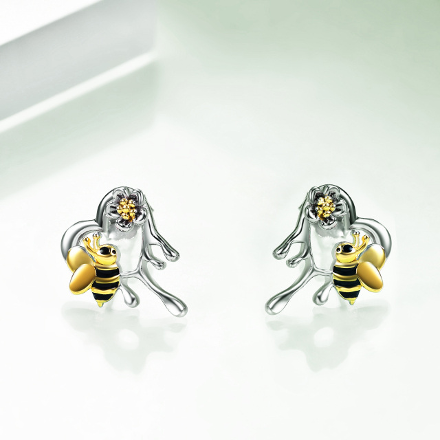 Sterling Silver Two-tone Bee & Heart Stud Earrings-4