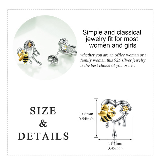 Sterling Silver Two-tone Bee & Heart Stud Earrings-5