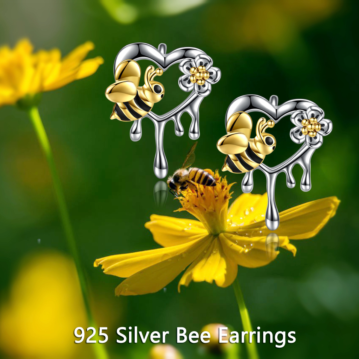 Boucles d'oreilles bicolores abeille et coeur en argent sterling-6