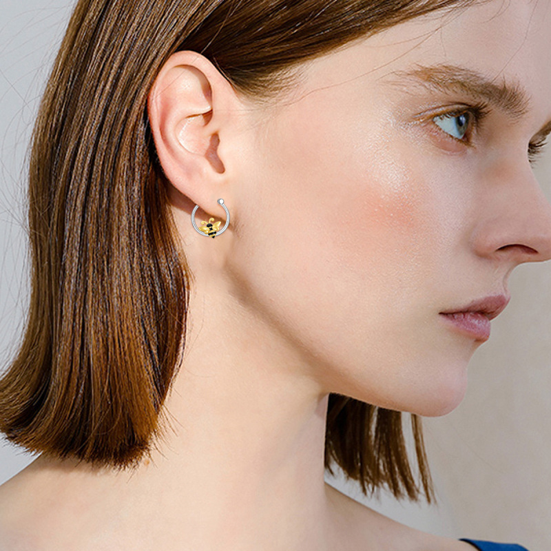 Sterling Silver Two-tone Bee Hoop Earrings-2