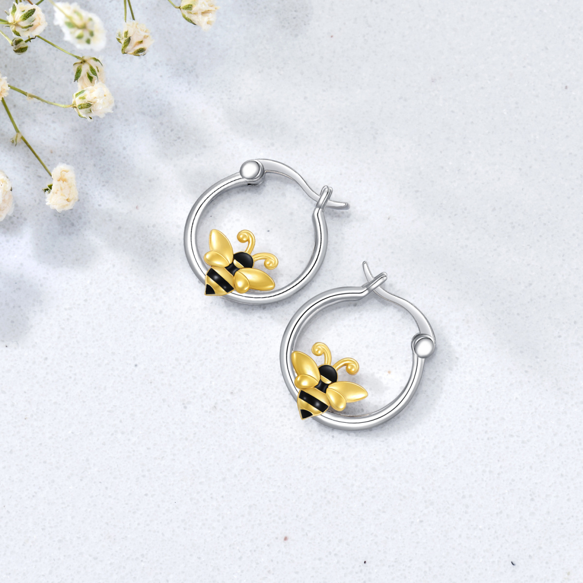 Sterling Silver Two-tone Bee Hoop Earrings-3