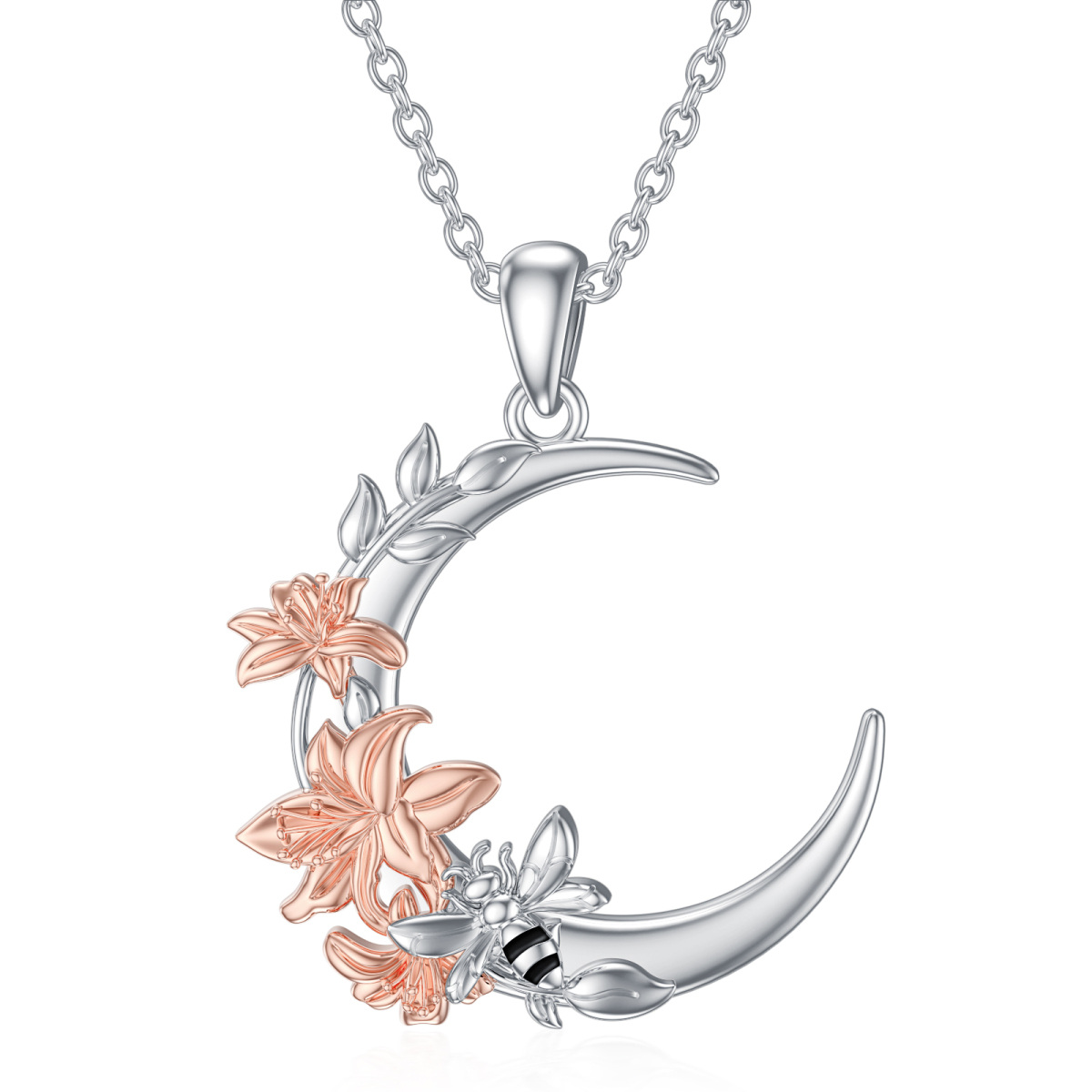 Collar con colgante de luna y girasol de abeja en dos tonos de plata de ley para mujer-1