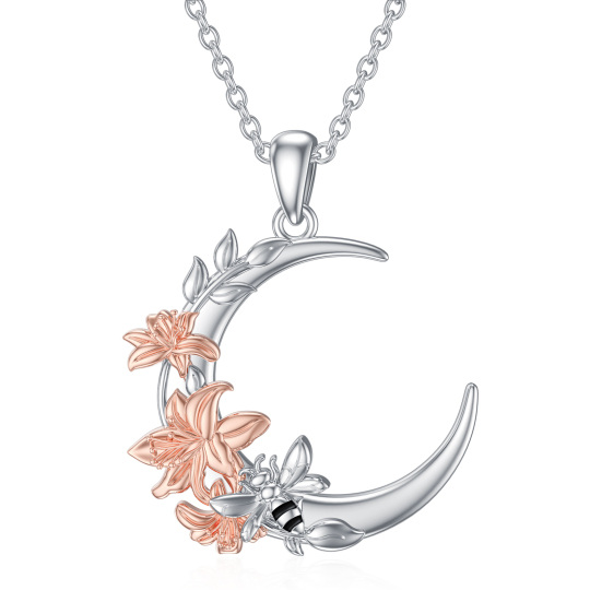 Sterling Silver Two-tone Bee & Lily & Moon Pendant Necklace