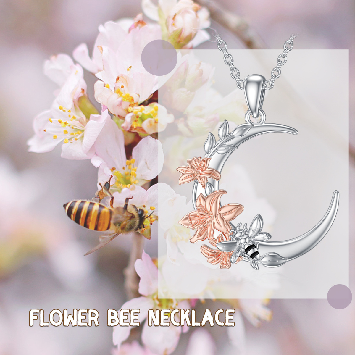 Collar con colgante de luna y girasol de abeja en dos tonos de plata de ley para mujer-4